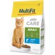 Eine Tüte MultiFit Katzenfutter mit einer orangefarbenen Tabbykatze, beschriftet mit "CARE ADULT" und Symbolen für Gelenk-, Stoffwechsel- und Herzgesundheit, mit "mit Lachs."