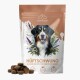 Eine Tüte mit Hundeleckerlis mit einem lächelnden Berner Sennenhund und Blumen, beschriftet mit "Hüftschwung - Gelenke und Knochen Snacks für Hunde."