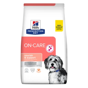 Hill's Prescription Diet ON-CARE Hundefuttertasche, mit dem Text "nourish & support", vom Tierarzt empfohlen, und ActivBiome-Logo.