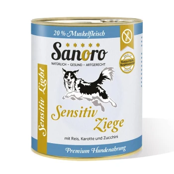Dosen-Hundefutter mit der Bezeichnung "Sanoro Sensitiv Ziege" und einer schwarz-weißen Hundillustration, mit Zutaten Reis, Karotte und Zucchini.