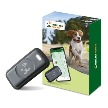 Czarny GPS tracker dla zwierząt pokazany przed swoim opakowaniem, z biegającym beagle'em i smartfonem wyświetlającym mapę.