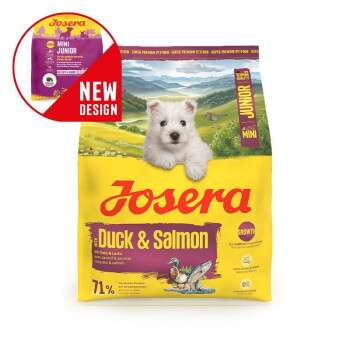 Josera Mini Junior Hundefutterbeutel mit Enten- & Lachs-Geschmack, 900 g, neues Design, deutsche Qualität, für kleine Rassen.