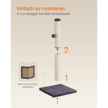 Montage des Katzenkratzbaums: graue Basis, zwei stapelbare Sisalpfosten (1, 2) mit Pompom; deutscher Text 'Einfach zu montieren'
