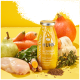 Eine SmoothieDog "Trinkpause" Flasche umgeben von Kürbis, Birne, Zucchini, Himbeeren, Huhn und Karotte. Text lautet "Erfrischt jeden Hund."