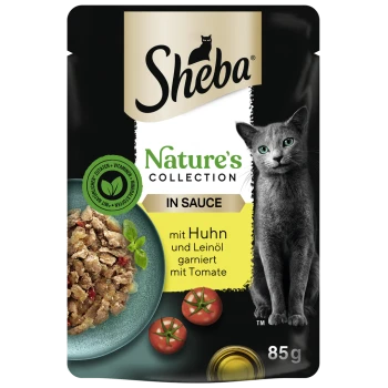 Sheba Nature's Collection Katzenfutterbeutel, 85g, mit Huhn in Sauce, garniert mit Tomaten und Leinsamenöl, mit einem Katzenbild.