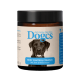 Braunes Glas mit der Aufschrift "Dogcs Anti-Aging Nutrition" und "BODY CONTROL COMPLEX" in Blau, mit einer Hundesilhouette und Zutaten auf Deutsch.