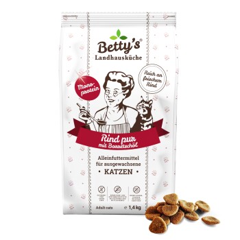 Beutel Betty's Landhausküche Katzenfutter mit Rindergeschmack, getreidefrei, 1,4 kg, mit Kibble-Stücken auf weißem Hintergrund.