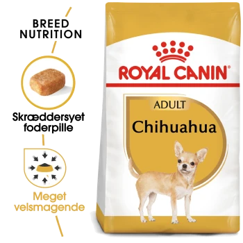 Royal Canin Chihuahua Adult hondenvoerzak met een illustratie van een Chihuahua, met tekst die de voeding en smaakbaarheid voor het ras benadrukt.