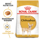 Torba z karmą dla psów Royal Canin Chihuahua Adult z ilustracją chihuahua, z tekstem podkreślającym odżywianie rasy i smakowitość.