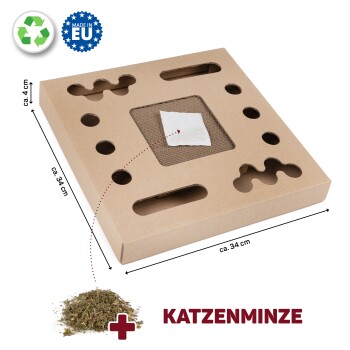 Pappkatzen-Spielzeug mit ausgeschnittenen Formen und einer Sisal-Kratzmatte, beschriftet mit "Katzenminze," Maße ca. 34 cm x 34 cm.