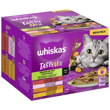 Whiskas Tasty Mix Mega Pack Katzenfutterbox mit einer grauen Katze, die Geschmäcker wie Huhn, Gemüse und Sauce hervorhebt.