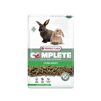 Sac de nourriture pour lapins Versele-Laga Complete Cuni Adult avec un design vert, des images de lapin et de lièvre, et le texte "Carotte + Timothy."