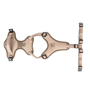 Beiges verstellbares Hundegeschirr mit schwarzen Schnallen und Metall-D-Ringen, für Komfort und Kontrolle entworfen.