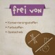 Ein lila Banner mit der Aufschrift "frei von" gefolgt von "Konservierungsstoffen," "Farbstoffen," und "Gentechnik," was bedeutet, dass keine Konservierungsstoffe, Farbstoffe oder GVOs enthalten sind.