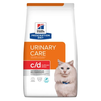 Hill's Prescription Diet Urinary Care c/d Multicare Stress Katzenfutterbeutel mit vom Tierarzt empfohlenem Etikett.