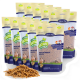 Tüten von Lyra Pet Nature Power getrockneten Mehlwürmern mit grünem und blauem Design, beschriftet mit "100% natürlich" und "reich an Proteinen." Mehlwürmer im Vordergrund.