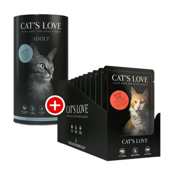 Verpackung von Cat's Love Tiernahrung: zylindrischer "ADULT" Lachsbehälter und "RIND PUR" Beutelbox mit einem Katzenbild.