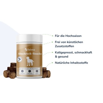 Glas mit felmo ‚Abschreck-Snacks‘ Hundeleckerlis mit runden Bissen und deutschem Etikett über natürliche Inhaltsstoffe und saisonale Verwendung.