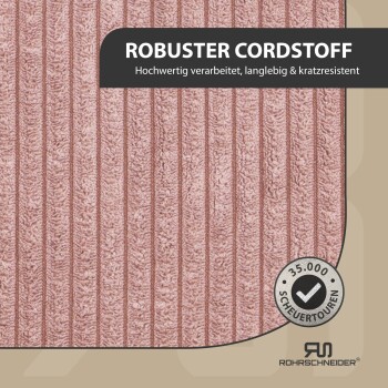 Rosa gerippter Cordstoff-Haustiermatte mit Etikett 'ROBUSTER CORDSTOFF' und Abzeichen '35.000 SCHEUERTOUREN'.