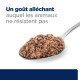Une cuillère de nourriture pour animaux avec une apparence texturée et charnue, accompagnée du texte 'Un goût alléchant auquel les animaux ne résistent pas.'