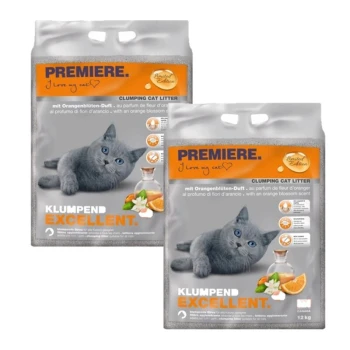 Zwei Beutel PREMIERE Klumpstreu für Katzen, mit einer grauen Katze auf der Vorderseite, mit Duft von Orangenblüten und dem Aufkleber "Limitierte Auflage".