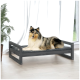 Ein Collie-Hund liegt auf einem grauen Haustierbett mit Holzrahmen, in einem hellen Raum mit einer Pflanze und durchsichtigen Vorhängen.