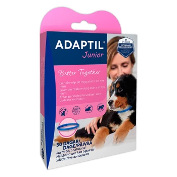 ADAPTIL Junior Verpackung in Pink, mit der Aufschrift "Better Together" und Sicherheitsansprüchen für Welpen sowie Icons für Hunde und verstellbare Halsbänder.