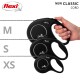 Image of three Flexi Classic cord dog leashes in sizes XS, S, and M, with a hand holding the M size.