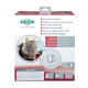 Verpackung für die PetSafe Mikrochip-Katzenklappe mit einer Katze, die auf die Klappe schaut, mit mehrsprachigem Text über selektiven Zugang und Funktionen.