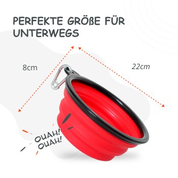 Rote zusammenklappbare Haustierschüssel mit schwarzem Rand, mit einem Durchmesser von 22 cm und einer Höhe von 8 cm, beschriftet mit "Perfekte Größe für unterwegs."