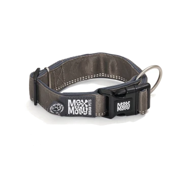 Graues 'Max & Molly'-Hundehalsband mit schwarzer Schnalle, Metall-D-Ring und Etikett 'Max & Molly Urban Pets'.