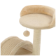 Ein beiger Katzenbaum mit einer plüschigen, geschwungenen Liegefläche mit einem weichen Rand und einem baumelnden Pom-Pom-Spielzeug, ideal für feline Entspannung und Spiel.
