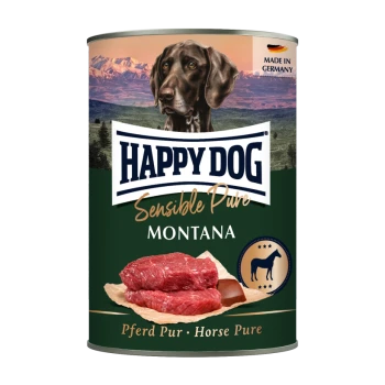 Dose Happy Dog Sensible Pure Montana mit Hundeporträt, rohem Pferdefleisch, 'Made in Germany'-Emblem und der Aufschrift 'Pferd Pur · Horse Pure'