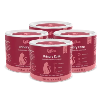 Vier pinke KatKare Urinary Ease Katzensnack-Dosen mit Katzensilhouette, beschriftet mit ‚Vital-Snacks‘.
