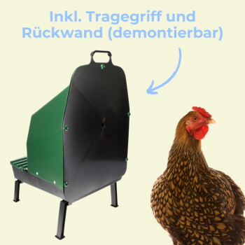 Grün/schwarze Geflügelliegebox auf Beinen neben einer braunen Henne; sichtbarer Text: 'Inkl. Tragegriff und Rückwand'.