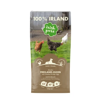Senior - Huhn + Gemüse & Kelp 1,5 kg Eine Tüte Irish Pure Hundefutter mit drei Hühnern im Gras, beschriftet mit "100% IRLAND" und detailliert mit 53% Fleisch, 47% Gemüse & Algen.