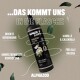 Schwarze Sprühflasche mit der Aufschrift "ALPHAZOO Beauty Brandlöscher" mit Illustrationen von Kamille und Ringelblume, die beruhigende Effekte für alle Rassen bewirbt.