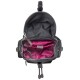 Offene Haustiertragetasche mit schwarzem Äußeren und lebhaft pinkem Innenraum, mit Fächern und einem Reißverschluss.