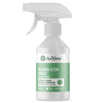 Eine weiße Sprühflasche, beschriftet mit "AniForte MILBEN-STOP SPRAY" mit grünen Akzenten, die die Wirksamkeit gegen Milben und Parasiten anzeigt.