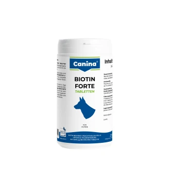 Behälter mit Canina Biotin Forte Tabletten für Hunde, mit einer blauen Silhouette eines Hundes, mit Text, der die Inhaltsstoffe und Anwendungshinweise beschreibt.