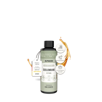 Flasche Alphazoo Seelenruhe Haustier-Ergänzungsöl mit Etiketten, die Entspannung, natürliche Rezeptur und fachkundige Entwicklung hervorheben.