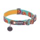Bunter Hundehalsband mit einem floralen Muster in Pink und Gelb auf einem türkisfarbenen Hintergrund, mit einem schwarzen "RUFFWEAR"-Tag.