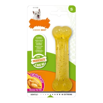 Flexibles Hundekauspielzeug in Knochenform, mit Hühnchen-Geschmack, beschriftet "Dog Moderate Chew", geeignet für Hunde von 0-11 kg.