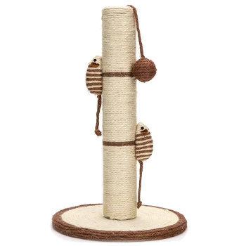 Kratzbaum für Katzen mit zwei gestreiften Mäuse-Spielzeugen und einem hängenden Ball, ausgestattet mit einem stabilen Sockel und einem natürlichen Seil-Design.