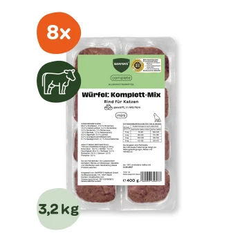 Packung BARFER'S Würfel: Komplett‑Mix Rind für Katzen (mini), rohe Futterwürfel, gekennzeichnet mit '8x' und '3,2 kg'.
