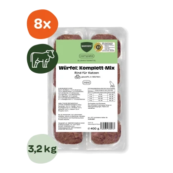 Packung BARFER'S Würfel: Komplett‑Mix Rind für Katzen (mini), rohe Futterwürfel, gekennzeichnet mit '8x' und '3,2 kg'.