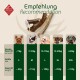Diagramm, das Produktempfehlungen für Haustiere nach Hunderasse und Gewicht zeigt, mit Kategorien: <7kg, 7-10kg, 10-15kg, 15-20kg, >20kg und Größen S-XXL.