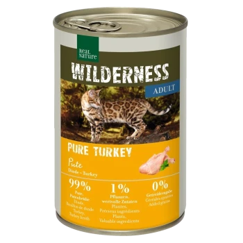 Dosenfutter für Katzen mit der Aufschrift "Wilderness Adult Pure Turkey", mit einer Bengal-Katze auf dem Etikett, 99 % Truthahn, 1 % Pflanzen und 0 % zugesetzten Getreide.