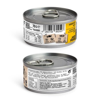 Dosen-Haustierfutter mit der Aufschrift "Hühnerrfilet mit Ei" (Hühnchenfilet mit Ei), 70g, mit Nährwertangaben, Zutaten und einem Aufreißdeckel.