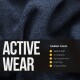 Dunkelblauer Thermofleece-Stoff mit dem Text "ACTIVE WEAR" und aufgelisteten Eigenschaften: weicher Griff, atmungsaktiv, wärmespeichernd, pillenfrei, langlebig.